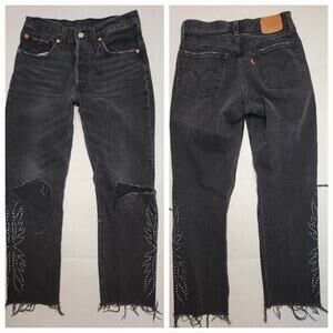 Levis Premium 501 Jean Sz 26 High Rise Embellished Fray Button Fly Big E Gray